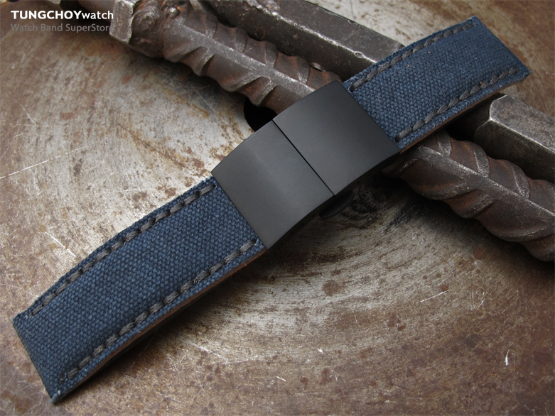 22mm, 24mm MiLTAT Navy Blue Washed Canvas Watch Band with Dark Grey Wax Stitching, PVD Black Dome Deployant Clasp
