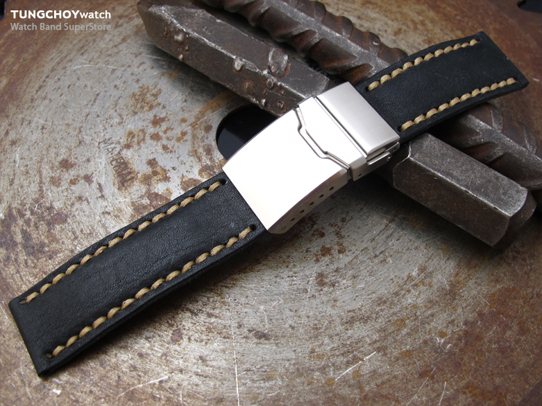 MiLTAT Pull Up Leather Black Watch Strap, Olive Green Wax Hand Stitching, Chamfer Diver Clasp