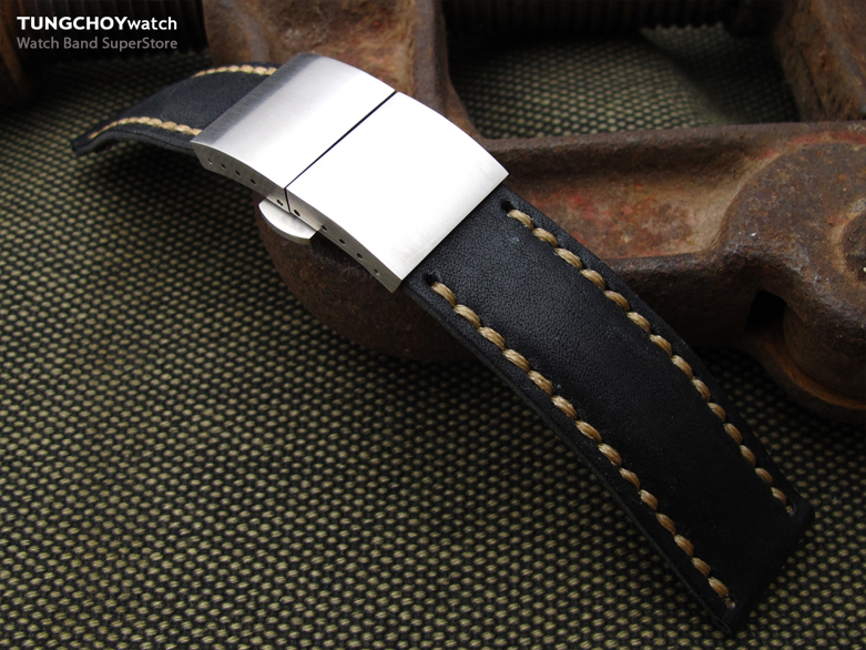 21mm, 22mm or 23mm MiLTAT Pull Up Leather Black Watch Strap, Khaki Wax Hand Stitching, Brushed Dome Deployant Clasp