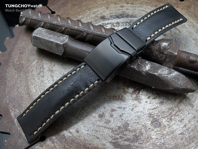 22mm MiLTAT Pull Up Leather Black Watch Strap, Olive Green Wax Hand Stitching, Button Chamfer Clasp, PVD Black