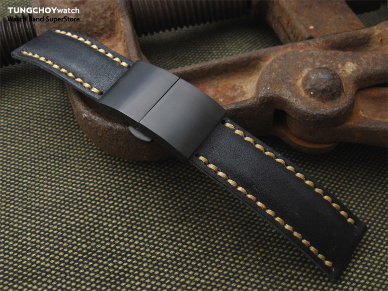 21,22,23mm MiLTAT Pull Up Leather Black Watch Strap, Olive Green Hand Stitching, PVD Dome Deployant Clasp
