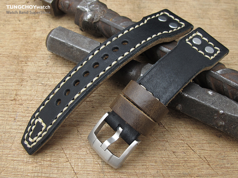 21mm MiLTAT Black Pull Up Aniline Italian Leather Watch Strap, Rivet Military strap