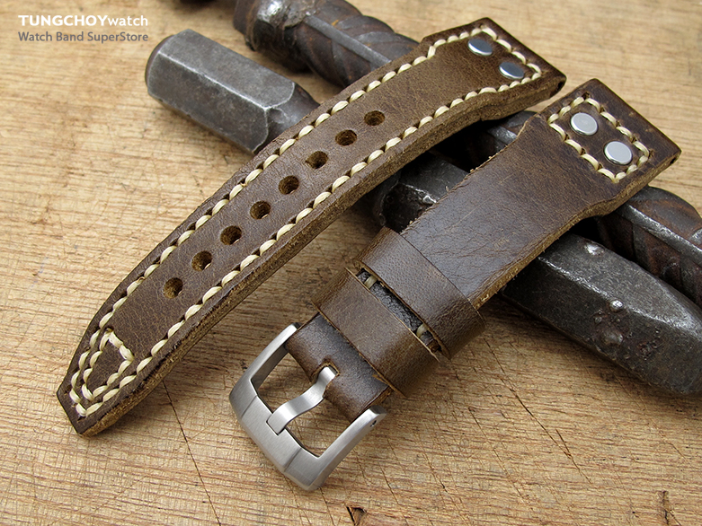 21mm MiLTAT Brown Pull Up Aniline Italian Leather Watch Strap, Rivet Military strap