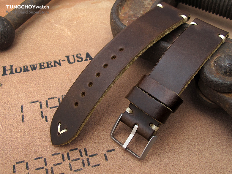 20mm, 22mm MiLTAT Horween Chromexcel Watch Strap, Matte Brown, Beige Stitching
