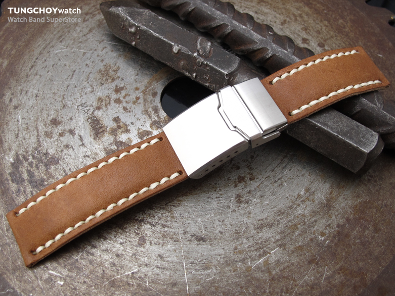 MiLTAT Pull Up Leather Saddle Brown Watch Strap, Beige Wax Hand Stitching, Chamfer Diver Clasp