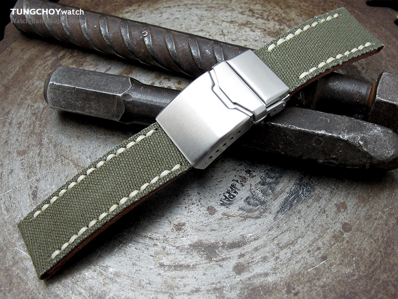 22mm MiLTAT Miltary Green Canvas Watch Strap Brushed Button Chamfer Clasp, Beige Wax Hand Stitches
