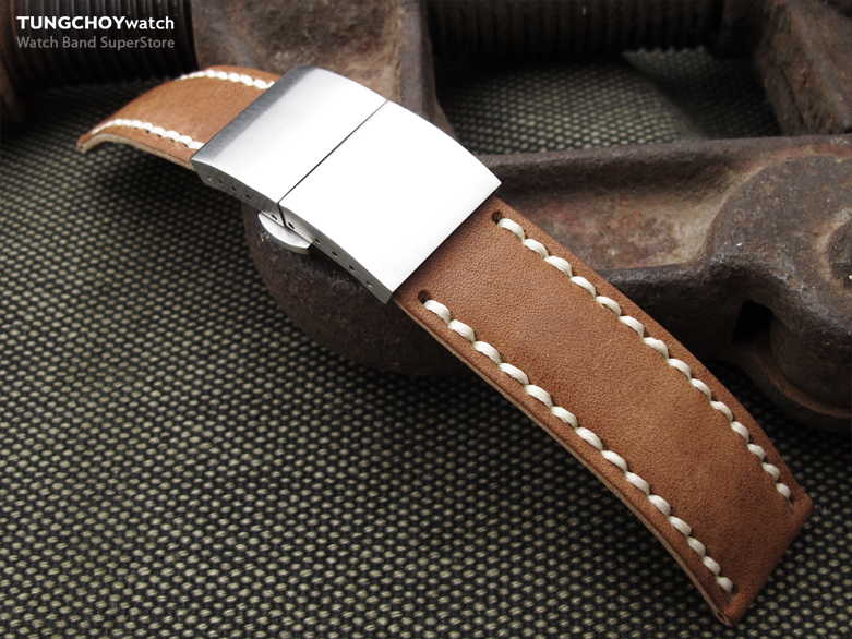 21mm, 22mm or 23mm MiLTAT Pull Up Leather Saddle Brown Watch Strap, Beige Wax Hand Stitching, Brushed Dome Deployant Clasp