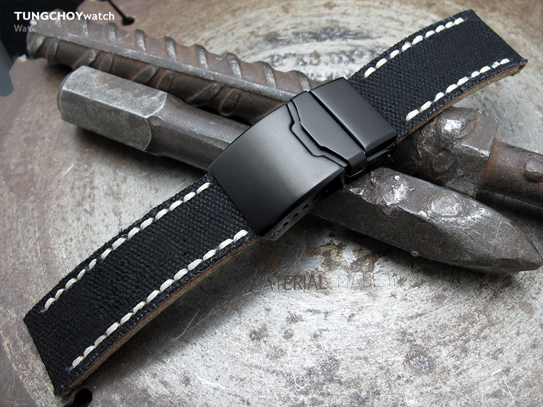 22mm MiLTAT Black Canvas Watch Strap Brushed Button Chamfer Clasp, PVD Black, Beige Wax Hand Stitches
