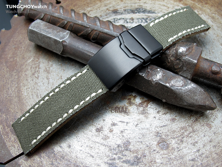 22mm MiLTAT Miltary Green Canvas Watch Strap Brushed Button Chamfer Clasp, PVD Black, Beige Wax Hand Stitches