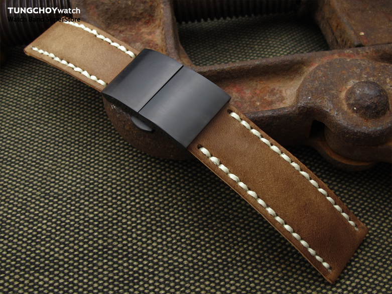 21,22,23mm MiLTAT Pull Up Leather Saddle Brown Watch Strap, Beige Wax Hand Stitching, PVD Dome Deployant Clasp