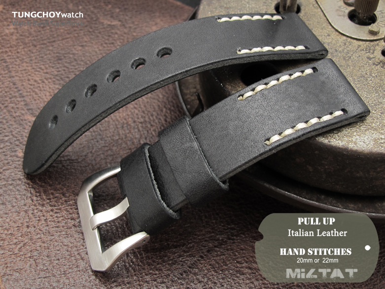 22mm MiLTAT Pull Up Leather Black Watch Strap, Beige Hand Stitches