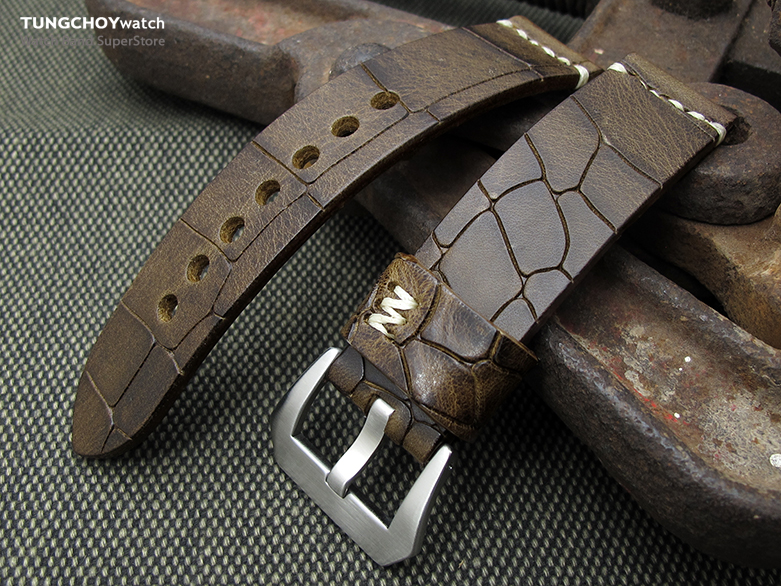 MiLTAT Zizz Collection 22mm Cracked Croco Dark Brown Watch Strap, Beige Stitching