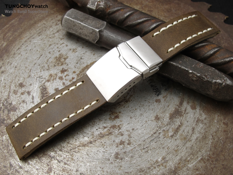 22mm MiLTAT Pull Up Aniline Green Italian Leather Watch Strap, Beige Wax Hand Stitch, Brushed Chamfer Diver Clasp