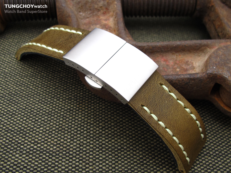 22mm MiLTAT Pull Up Aniline Green Italian Leather Watch Strap, Beige Wax Hand Stitch, Brushed Dome Deployant Clasp