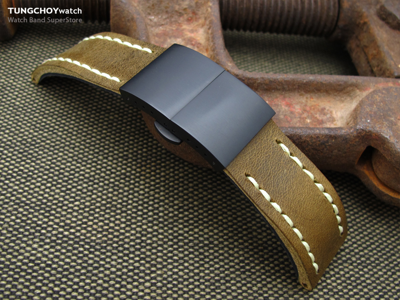 22mm MiLTAT Pull Up Aniline Green Italian Leather Watch Strap, Beige Wax Hand Stitch, PVD Black Dome Deployant Clasp