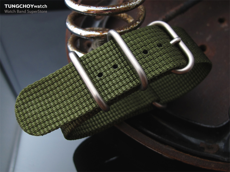 MiLTAT 23mm 3 Rings Zulu military watch strap 3D woven nylon armband - Forest Green, Brushed Hardware