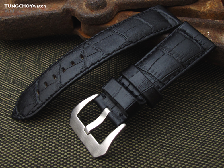 24mm CrocoCalf (Croco Grain) Matte Black Watch Strap with Black Stitches