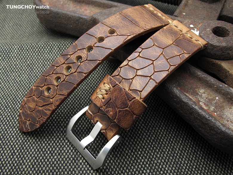 MiLTAT Zizz Collection 24mm Cracked Croco Middle Brown Watch Strap, Brown Stitching