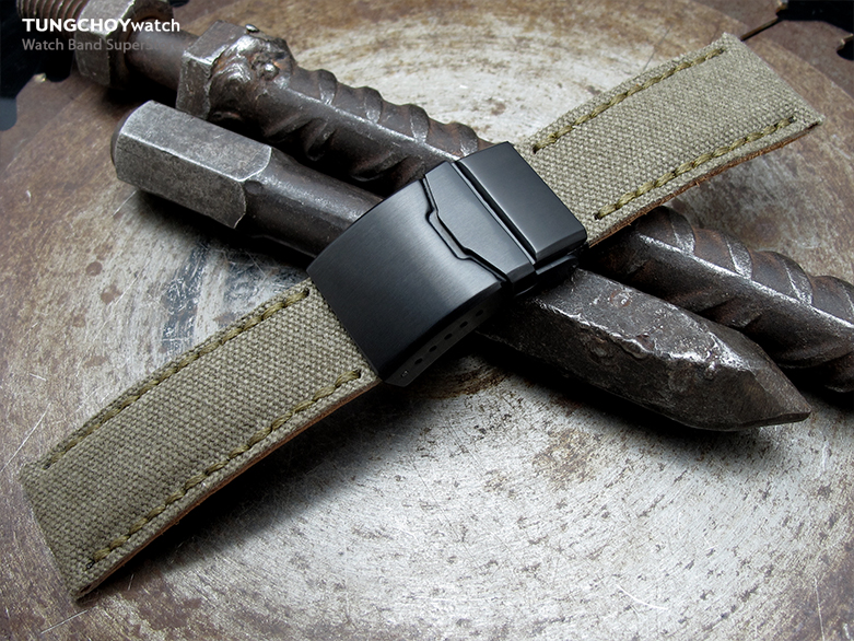 24mm MiLTAT Military Green Washed Canvas Watch Band with Green Wax Stitching, Brushed Button Chamfer Clasp