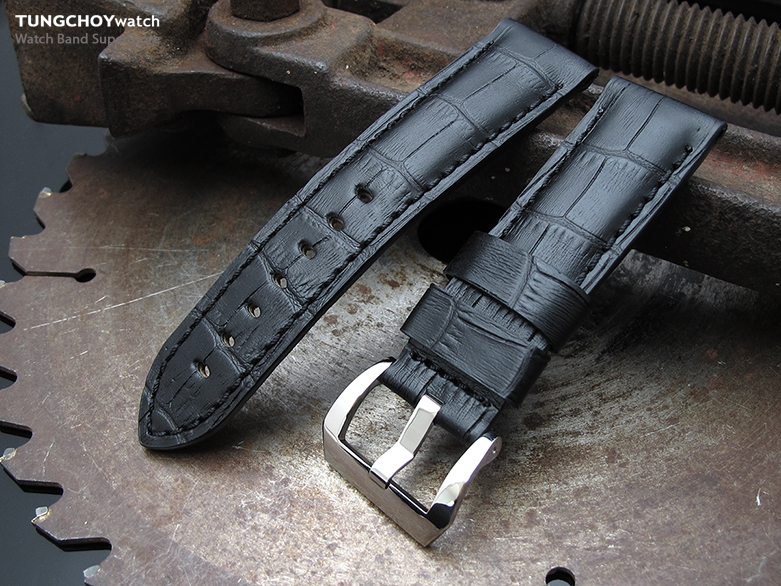 24mm CrocoCalf (Croco Grain) Matte Black Watch Strap with Black Stitches, Polished Screw-in Buckle