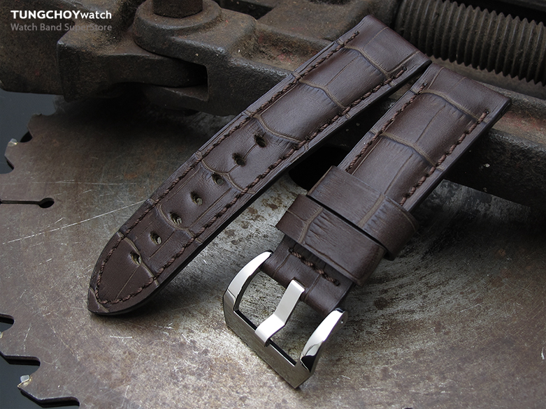 24mm CrocoCalf (Croco Grain) Matte Brown Watch Strap with Brown Stitches, Polished Screw-in Buckle