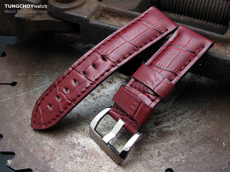 24mm CrocoCalf (Croco Grain) Semi-Gloss Bordeaux Red Watch Strap with Red Stitches, Polished Screw-in Buckle
