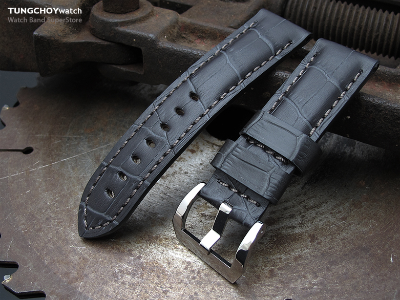 24mm CrocoCalf (Croco Grain) Matte Grey Watch Strap with Grey Stitches, Polished Screw-in Buckle