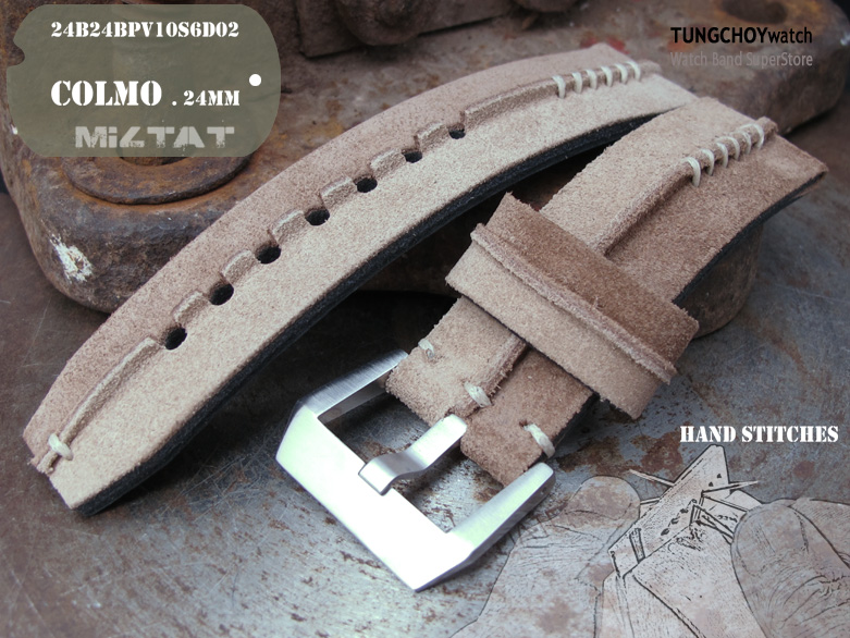 24mm MiLTAT Sand + L Brown Ridge Design Suede watch strap, Beige Hand Stitch