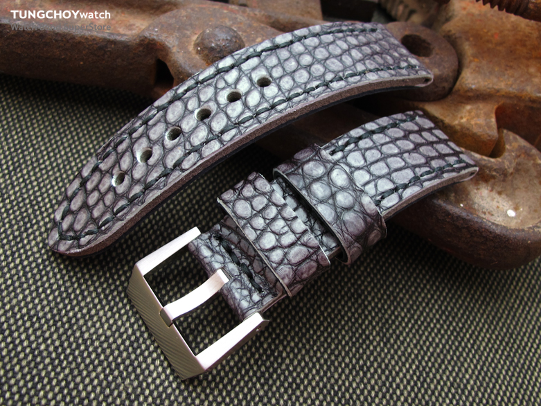 24mm MiLTAT Grey Siltstone Genuine Alligator Leather Watch Band, Black Stitching XL