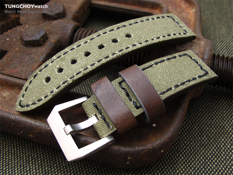 24mm MiLTAT Military Green Leather Washed Canvas Ammo Watch Strap in Black Stitches