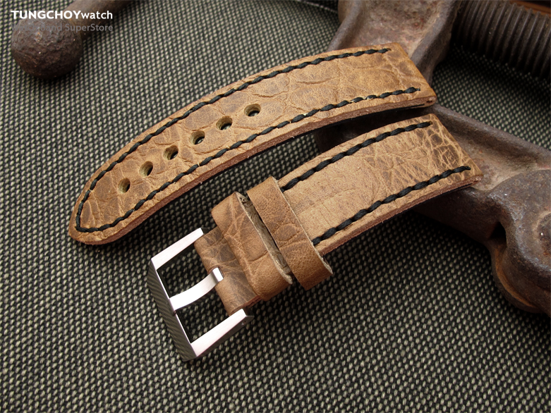 24mm CrocoCalf (Croco Grain) Honey Brown Watch Strap with Black Stitches, Screw-in Buckle
