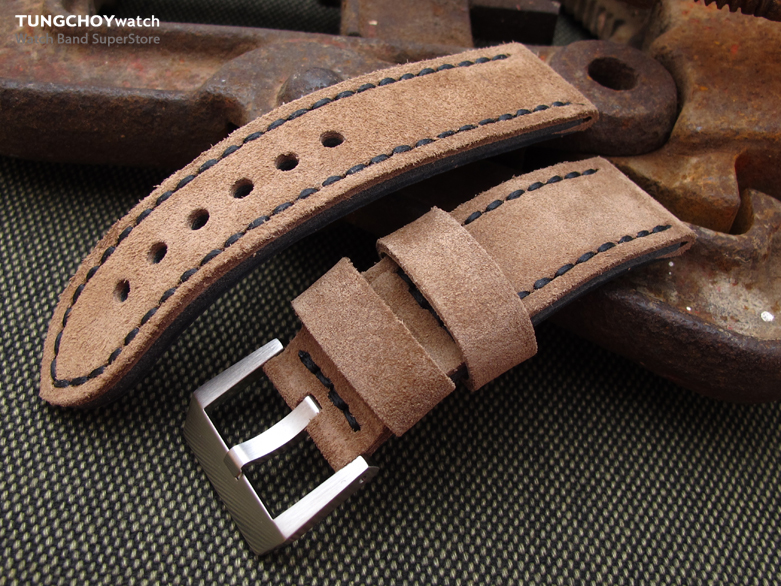 24mm MiLTAT Sandy Brown Nubuck Leather Watch Band, Black Stitching XL