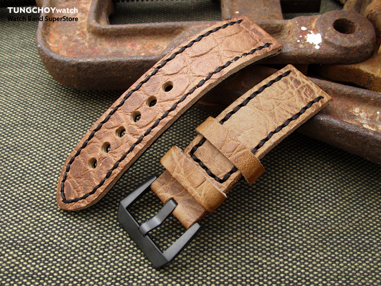 24mm CrocoCalf (Croco Grain) Honey Brown Watch Strap with Black Stitches, Screw-in Buckle PVD