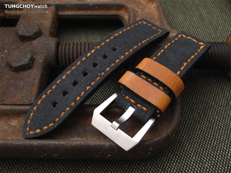 24mm MiLTAT Black Leather Washed Canvas Ammo Watch Strap in Golden Brown Stitches