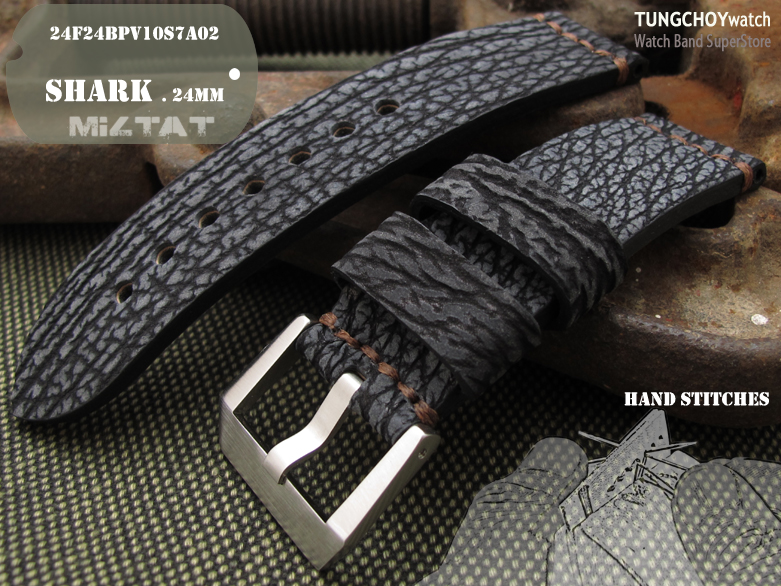 24mm MiLTAT Genuine Shark Skin Leather Watch Strap, Brown Hand Stitch