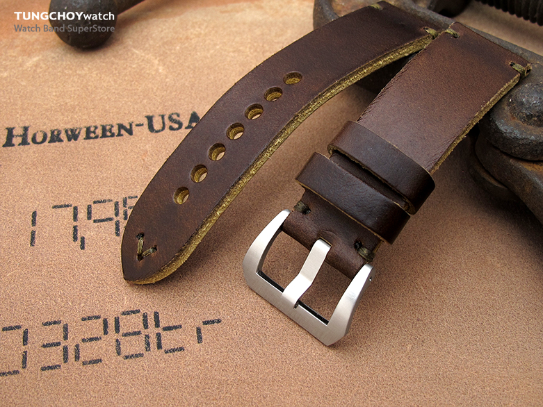 24mm MiLTAT Horween Chromexcel Watch Strap, Matte Brown, Military Green Stitching