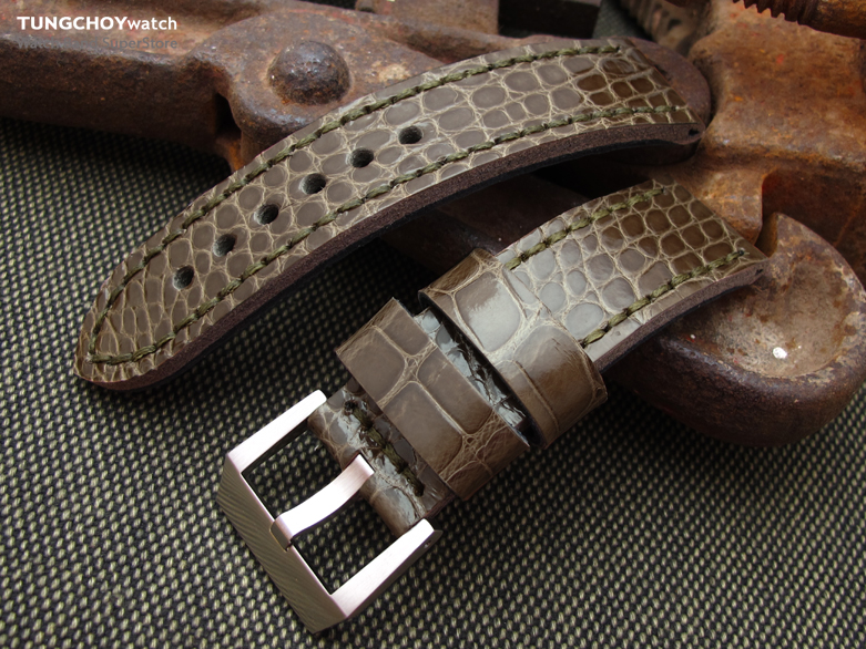 24mm MiLTAT Shinny Ash Brown Genuine Alligator Leather Watch Band, Olive Green Stitching XL