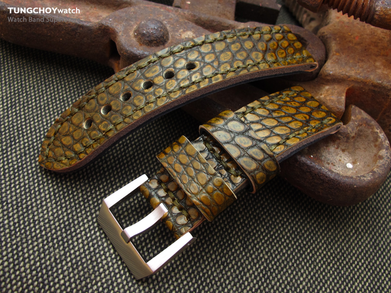 24mm MiLTAT Rusty Rock Genuine Alligator Leather Watch Band, Olive Green Stitching XL