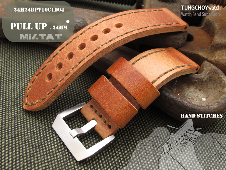 24mm MiLTAT Pull Up Aniline Tan Italian Leather Watch Strap with same leather lining, Olive Hand Stitch