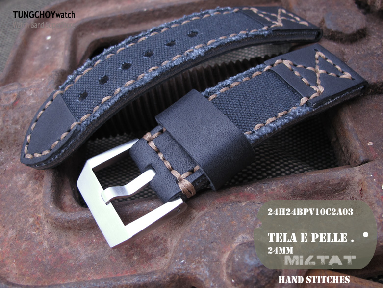 24mm MiLTAT Black Calf + Black Canvas watch strap, Hand Stitch Watch Strap