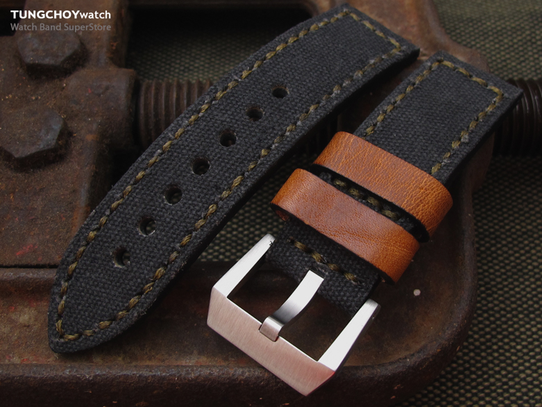 24mm MiLTAT Black Leather Washed Canvas Ammo Watch Strap in Military Green Stitches