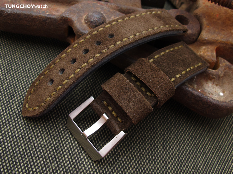 24mm MiLTAT Dark Brown Nubuck Leather Watch Band, Olive Green Stitching XL