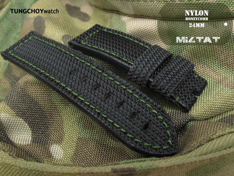 24mm MiLTAT Honeycomb Black Nylon Watch Strap, Green Stitch for Pin-Buckle Use