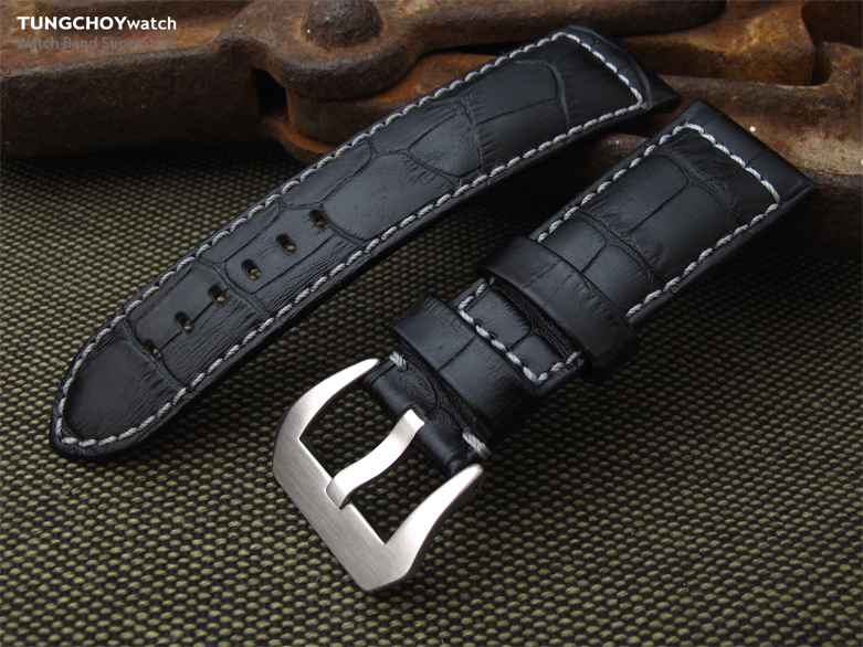 24mm CrocoCalf (Croco Grain) Matte Black Watch Strap with Grey Stitches