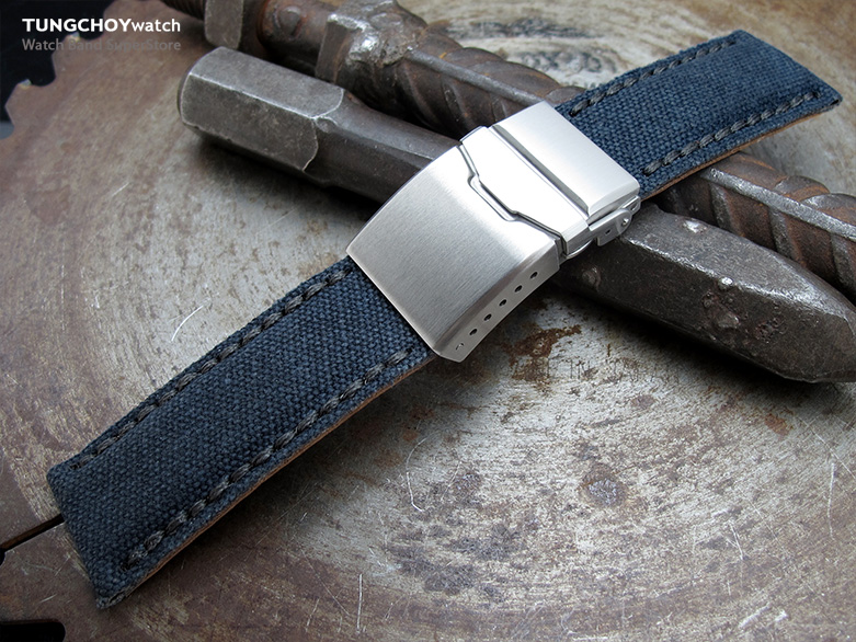 24mm MiLTAT Navy Blue Washed Canvas Watch Band with Dark Grey Wax Stitching, Brushed Button Chamfer Clasp