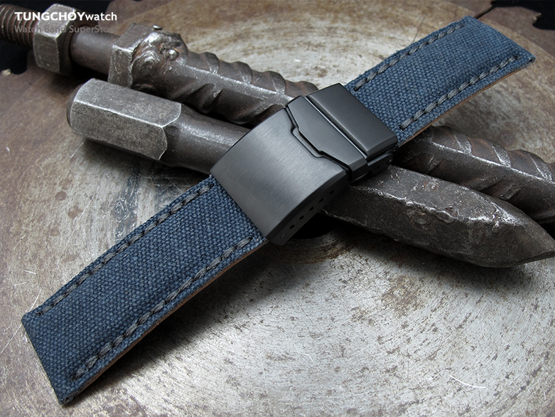 24mm MiLTAT Navy Blue Washed Canvas Watch Band with Dark Grey Wax Stitching, Brushed Button Chamfer Clasp