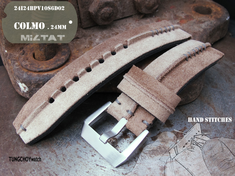 24mm MiLTAT Sand + L Brown Ridge Design Suede watch strap, Grey Hand Stitch