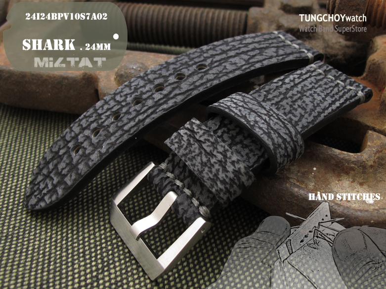 24mm MiLTAT Genuine Shark Skin Leather Watch Strap, Grey Hand Stitch