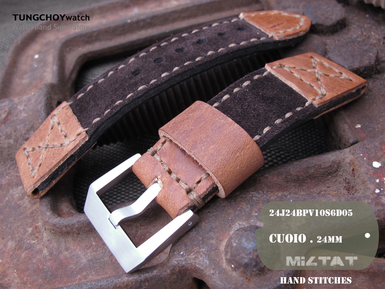 24mm MiLTAT Saddle Calf + Dark Brown Suede watch strap, Hand Stitch