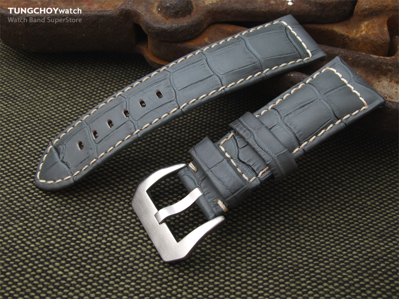24mm CrocoCalf (Croco Grain) Light Grey Watch Strap with Beige Stitches